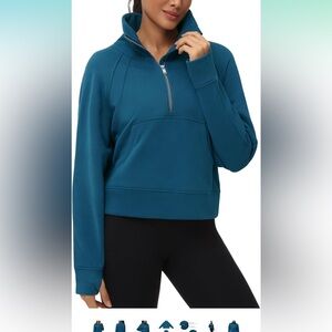 Teal Blue Half Zip Pullover Stand Collar Sweatshirt XL